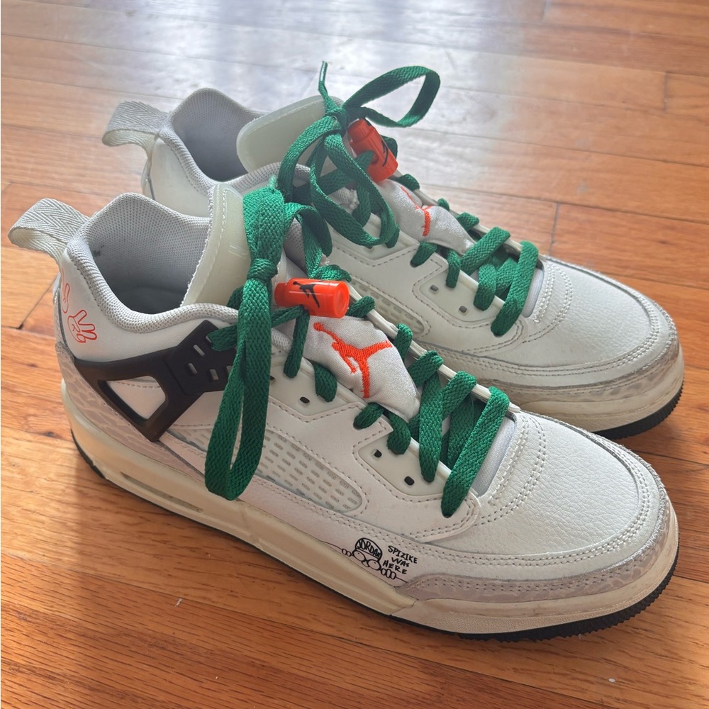 Jordan Low-Top Sneakers in White with Green Laces and Orange Accents